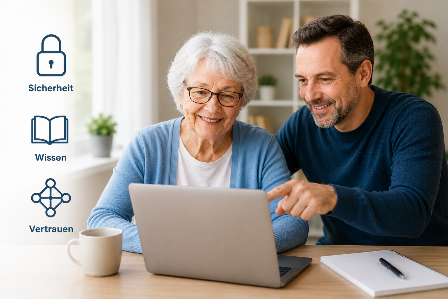 Eine Frau und ein Angehöriger lernen gemeinsam am Laptop; Symbole stehen für Sicherheit, Wissen und Vertrauen.