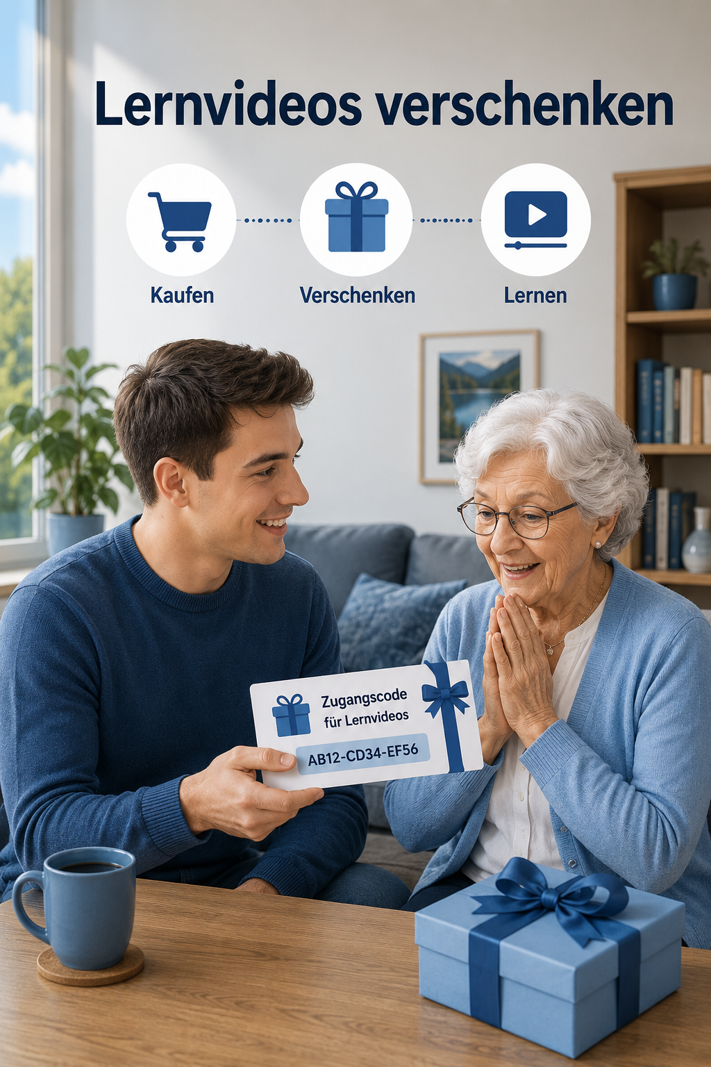 Ein junger Mann überreicht einer älteren Frau einen Zugangscode für Lernvideos