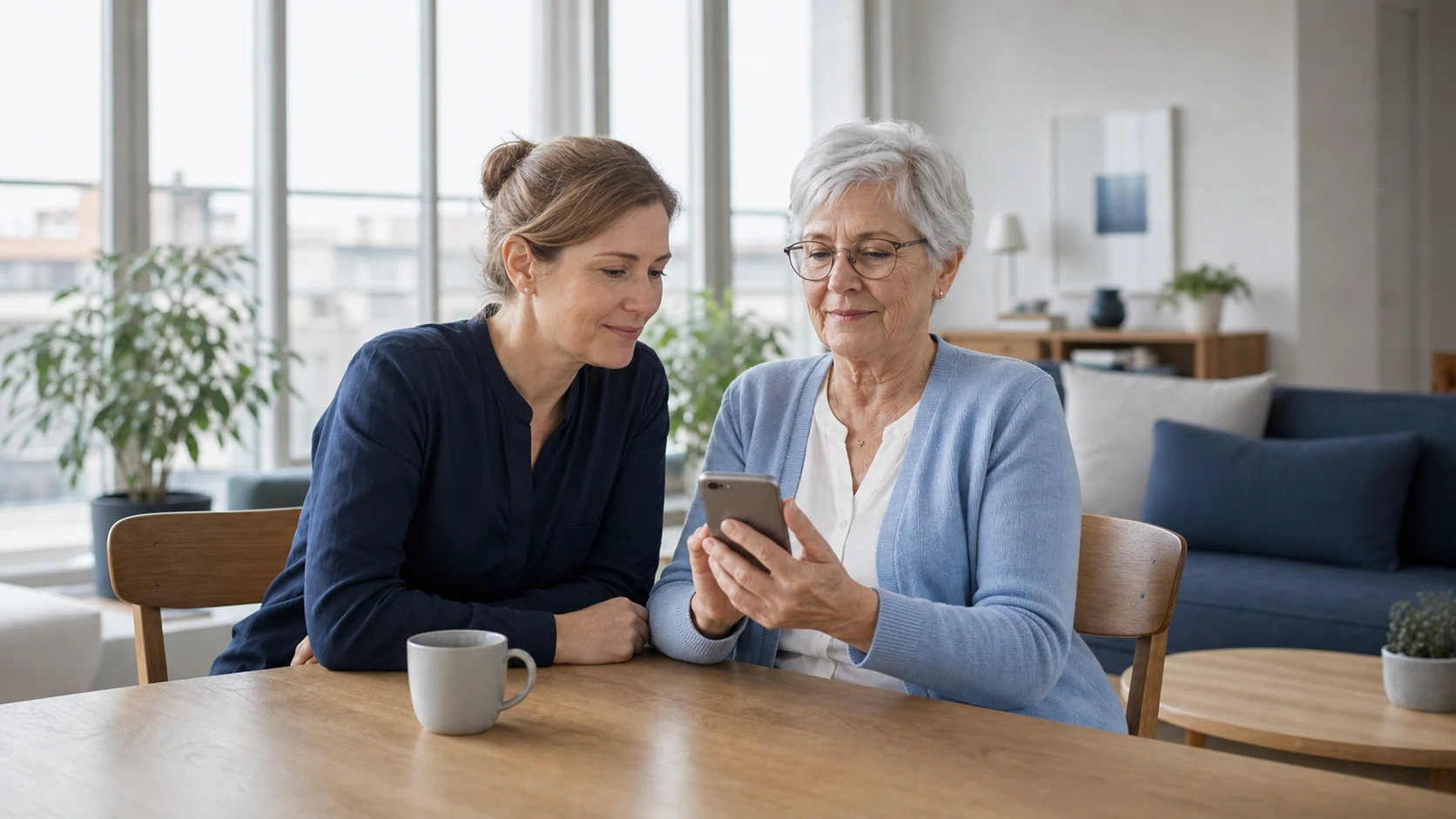 Elisabeth bespricht eine Smartphone-Frage mit einer Angehörigen und behält das Gerät selbst in der Hand.