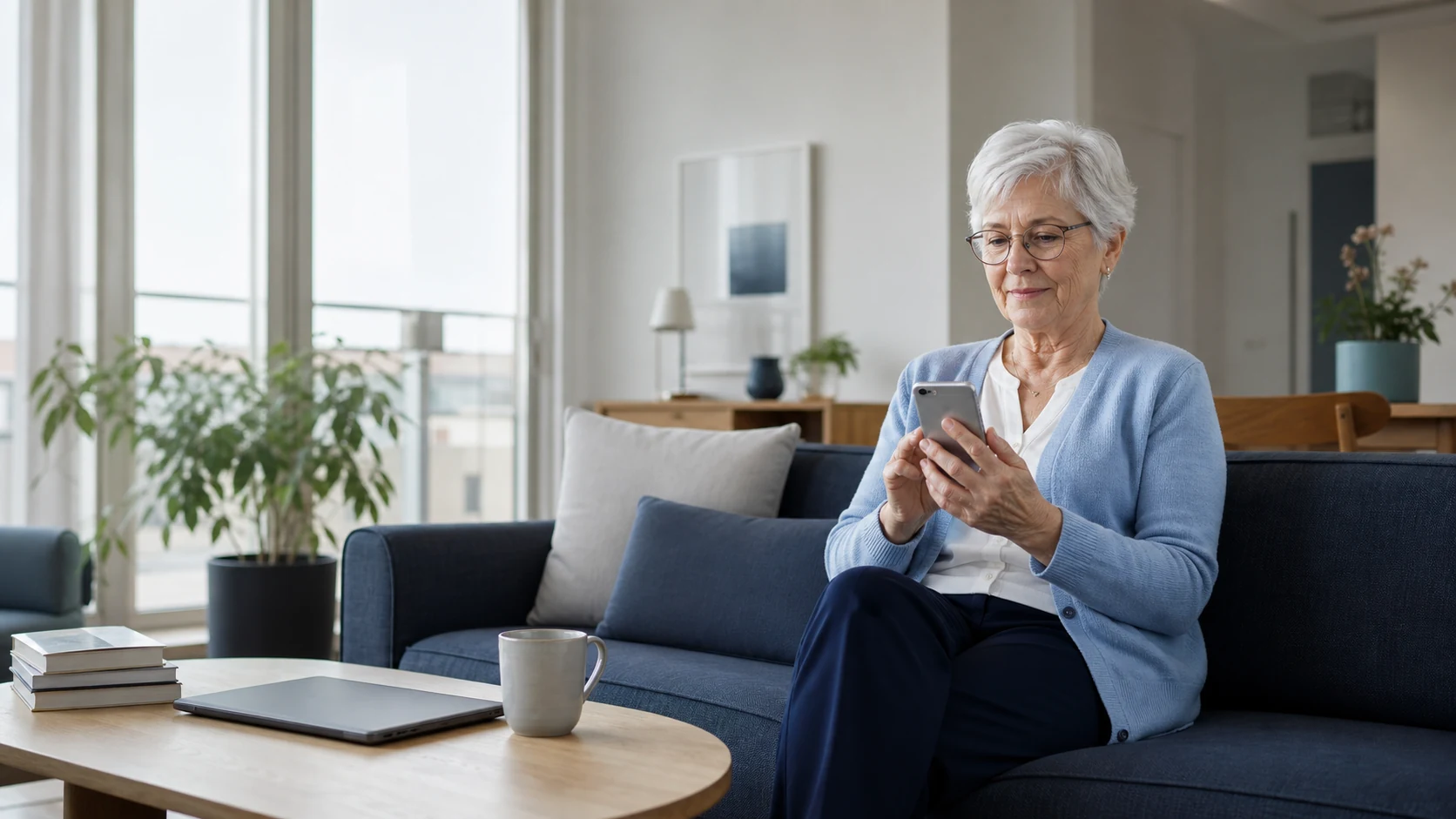 Elisabeth nutzt selbstbewusst ihr Smartphone in einer hellen Wohnung.