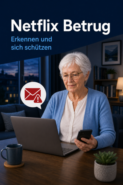 Seniorin prüft eine verdächtige Nachricht am Laptop – Netflix Betrug erkennen